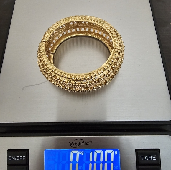 Golden Hinged Domed Cuff Bracelet with Safety Clasp Ornate Heavy - Picture 16 of 16